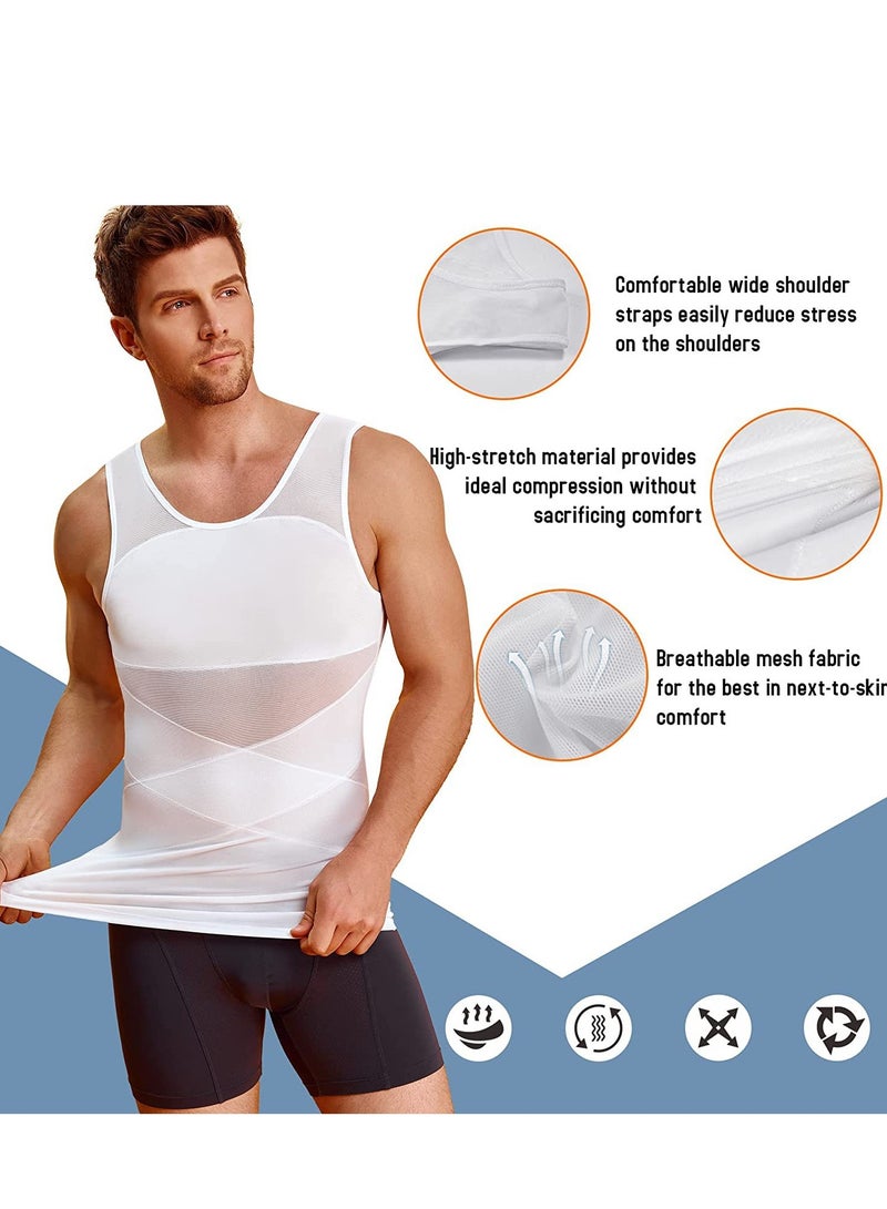Generic Compression Shirt for Men Slimming Undershirt Body Shaper Tank top for gynecomastia Sleeveless Shapewear Vest Men White L - Image 2