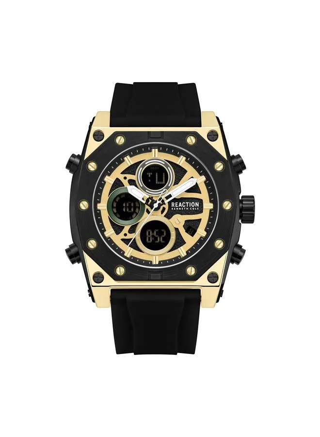 Kenneth Cole Reaction Gold Dial Black Silicone Strap Analog-digital Watch for Men, 52.4mm