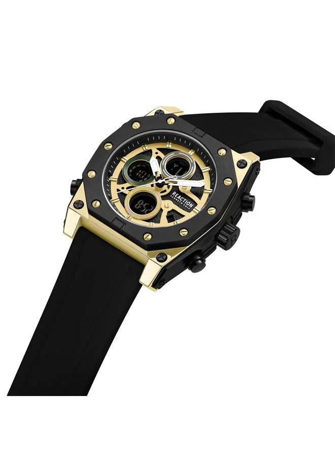 Kenneth Cole Reaction Gold Dial Black Silicone Strap Analog-digital Watch for Men, 52.4mm