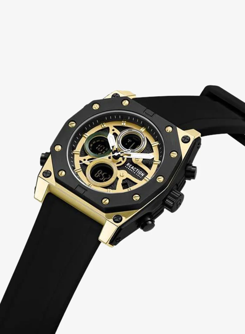 Kenneth Cole Reaction Gold Dial Black Silicone Strap Analog-digital Watch for Men, 52.4mm