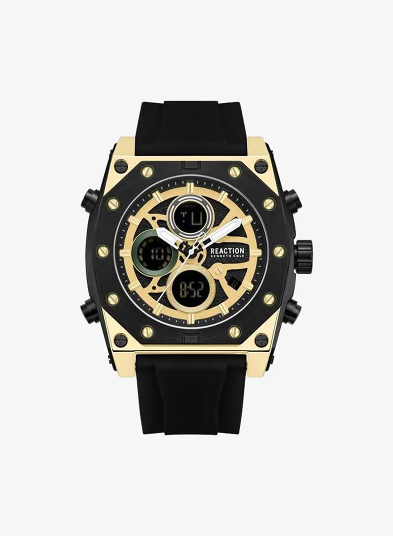 Kenneth Cole Reaction Gold Dial Black Silicone Strap Analog-digital Watch for Men, 52.4mm