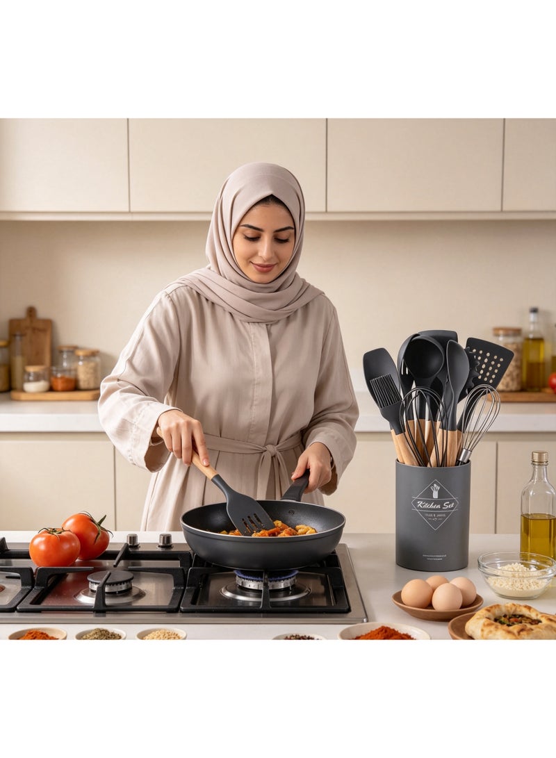 مجموعة أدوات مطبخ سيليكون فاخرة 11 قطعة مع حاوية تخزين، إكسسوارات طهي مقاومة للحرارة بمقبض خشبي فاخر، هدية مثالية لعيد ورمضان والانتقال للمنازل الجديدة - Image 4