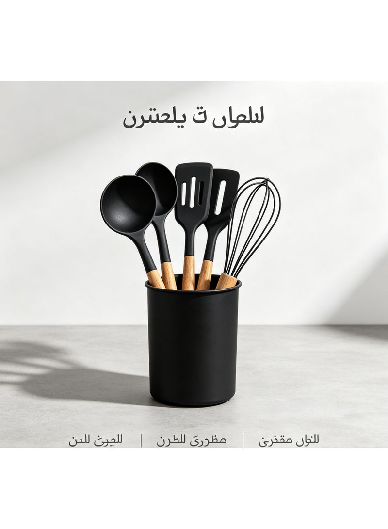 مجموعة أدوات مطبخ سيليكون فاخرة 11 قطعة مع حاوية تخزين، إكسسوارات طهي مقاومة للحرارة بمقبض خشبي فاخر، هدية مثالية لعيد ورمضان والانتقال للمنازل الجديدة - Image 3