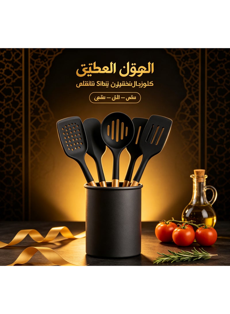 مجموعة أدوات مطبخ سيليكون فاخرة 11 قطعة مع حاوية تخزين، إكسسوارات طهي مقاومة للحرارة بمقبض خشبي فاخر، هدية مثالية لعيد ورمضان والانتقال للمنازل الجديدة - Image 5