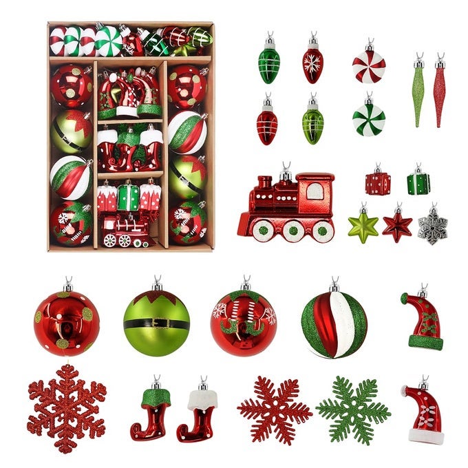 75PCS CHRISTMAS BALLS ORNAMENTS SET ELF BOOTS THEME SHATTERPROOF PLASTIC DECORATIVE HANGING BAUBLES BULK FOR XMAS TREE DECORHOLIDAYPARTYWEDDING WHITE GREEN DARK RED
