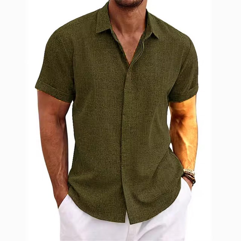 Men'S Linen Short-Sleeved T-Shirt Loose Undershirt Pure Color Short-Sleeved Cotton And Linen Shirt Men'S Beach Large Size Men'S Short-Sleeved Shirt - Image 1