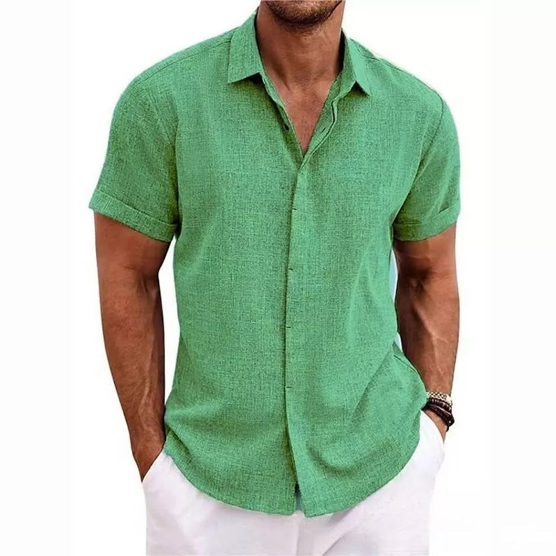 Men'S Linen Short-Sleeved T-Shirt Loose Undershirt Pure Color Short-Sleeved Cotton And Linen Shirt Men'S Beach Large Size Men'S Short-Sleeved Shirt - Image 4
