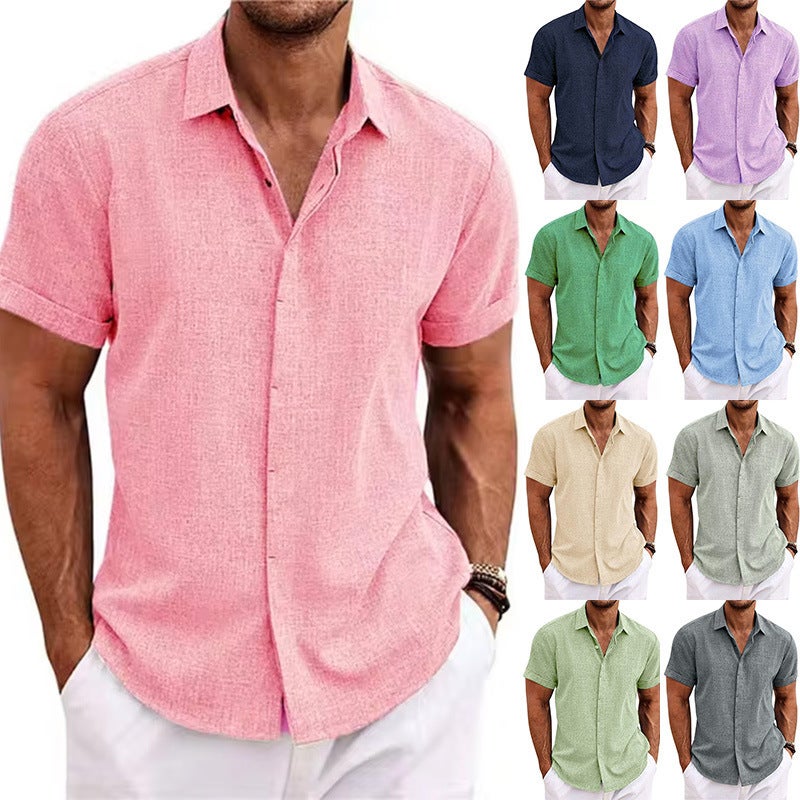 Men'S Linen Short-Sleeved T-Shirt Loose Undershirt Pure Color Short-Sleeved Cotton And Linen Shirt Men'S Beach Large Size Men'S Short-Sleeved Shirt - Image 2