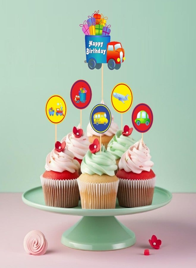 Untumble Vehicle Cake Topper Set - 1 Vehicle & 24 Transport Theme Cup Toppers | Birthday Decoration for Boys | Pack of 25 - Image 1