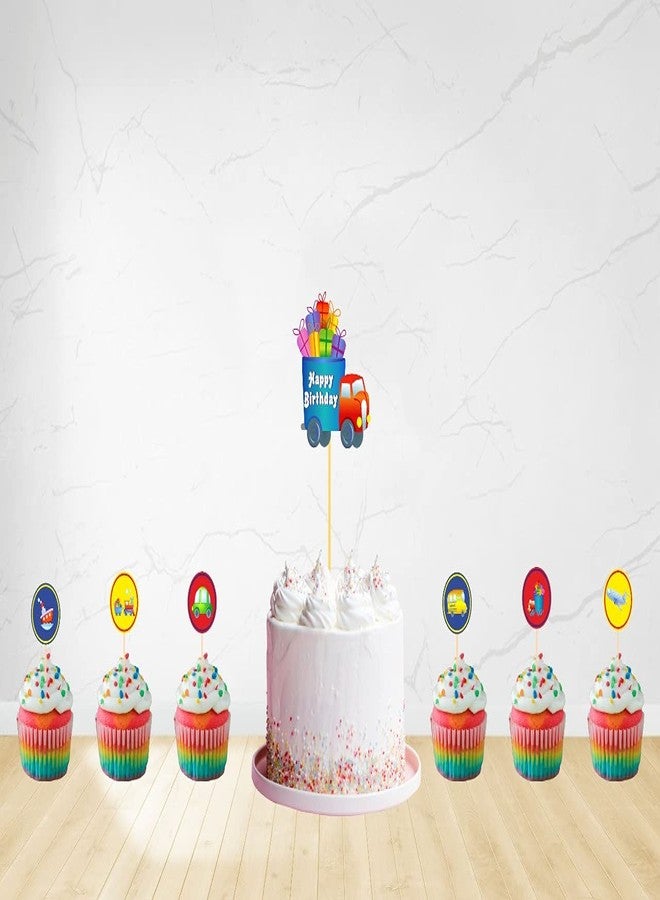 Untumble Vehicle Cake Topper Set - 1 Vehicle & 24 Transport Theme Cup Toppers | Birthday Decoration for Boys | Pack of 25 - Image 2