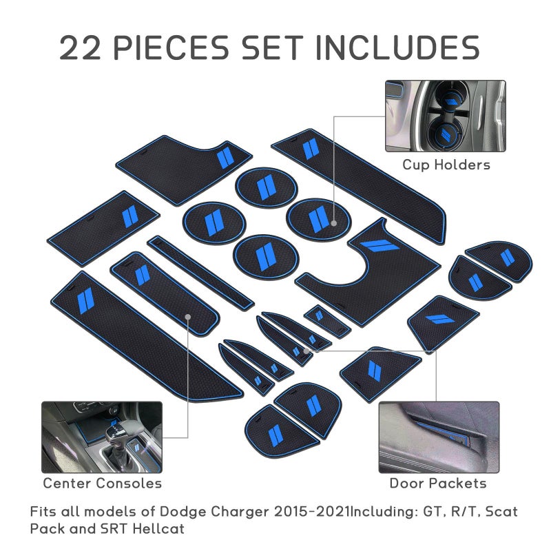 POSAID Cup Holder Insert for Dodge Charger 2015-2023, Anti Dust Mats Center Console Liners Custom Fit Dodge Charger Door Pocket Mats (22PCS, Blue Trim) - Image 2