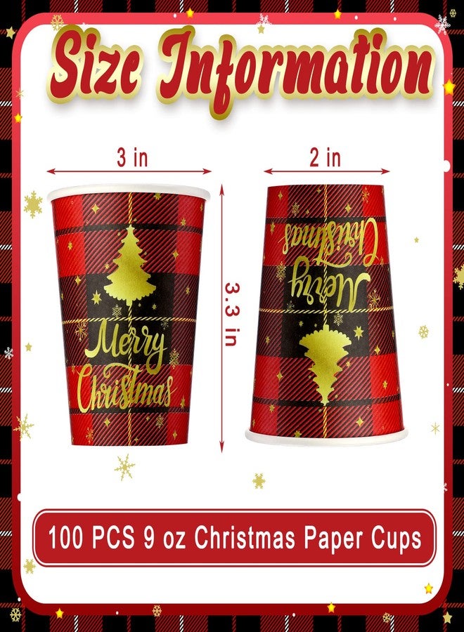 Hotop 100 Pcs 9oz Christmas Paper Cups Disposable Xmas Party Cups Christmas Cups Red Black Paper Cups Christmas Buffalo Plaid and 5 Design Cups for Christmas Holiday Party, Daily Use, Coffee Cold Hot Drinks - Image 2