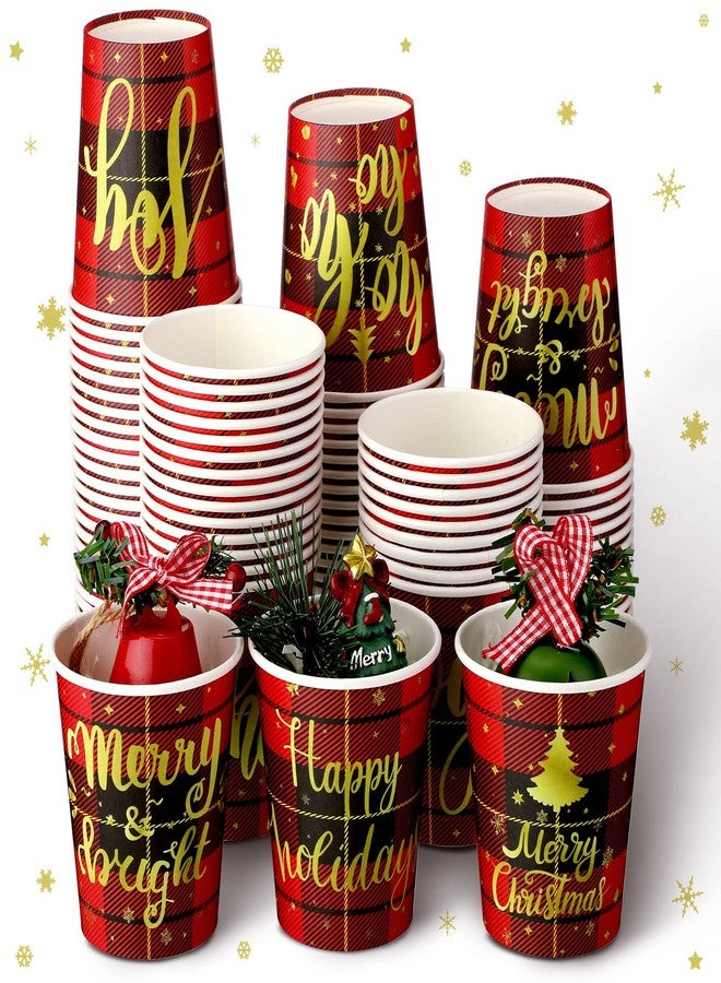 Hotop 100 Pcs 9oz Christmas Paper Cups Disposable Xmas Party Cups Christmas Cups Red Black Paper Cups Christmas Buffalo Plaid and 5 Design Cups for Christmas Holiday Party, Daily Use, Coffee Cold Hot Drinks - Image 1