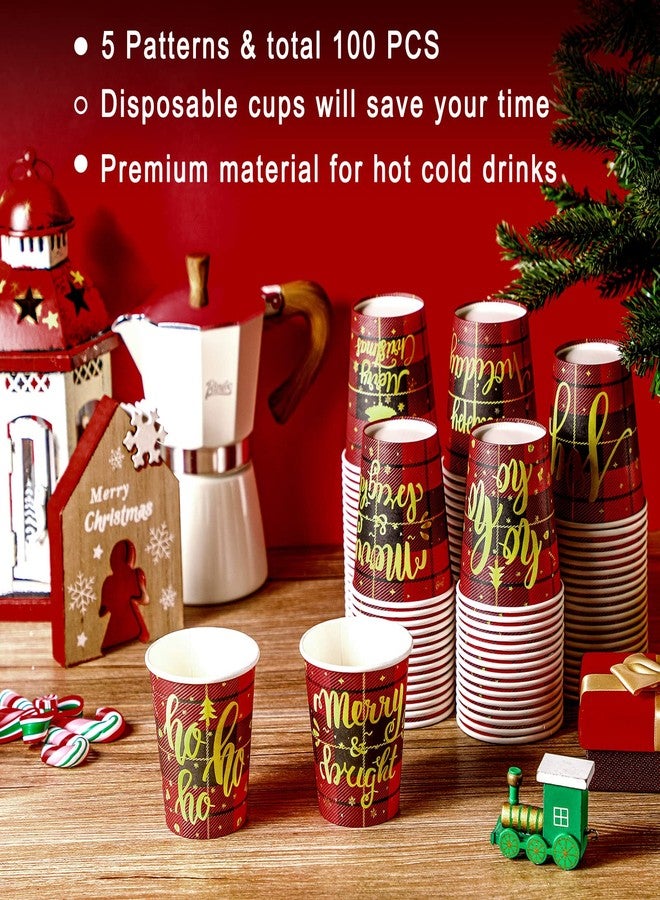 Hotop 100 Pcs 9oz Christmas Paper Cups Disposable Xmas Party Cups Christmas Cups Red Black Paper Cups Christmas Buffalo Plaid and 5 Design Cups for Christmas Holiday Party, Daily Use, Coffee Cold Hot Drinks - Image 3