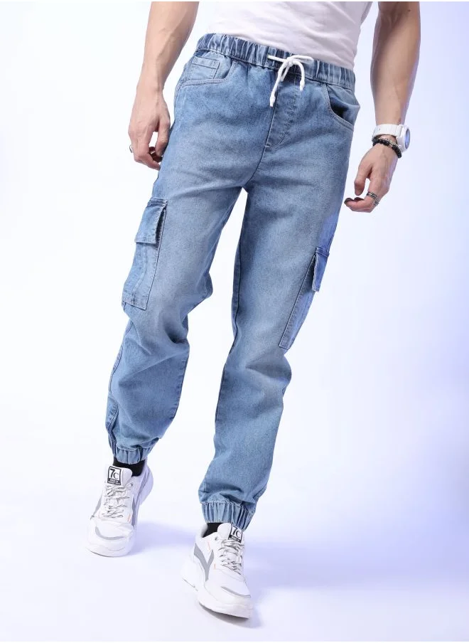 شركة المرآب الهندية Men Regular Fit Solid Mid-Rise Stretchable Denim Cargo Joggers