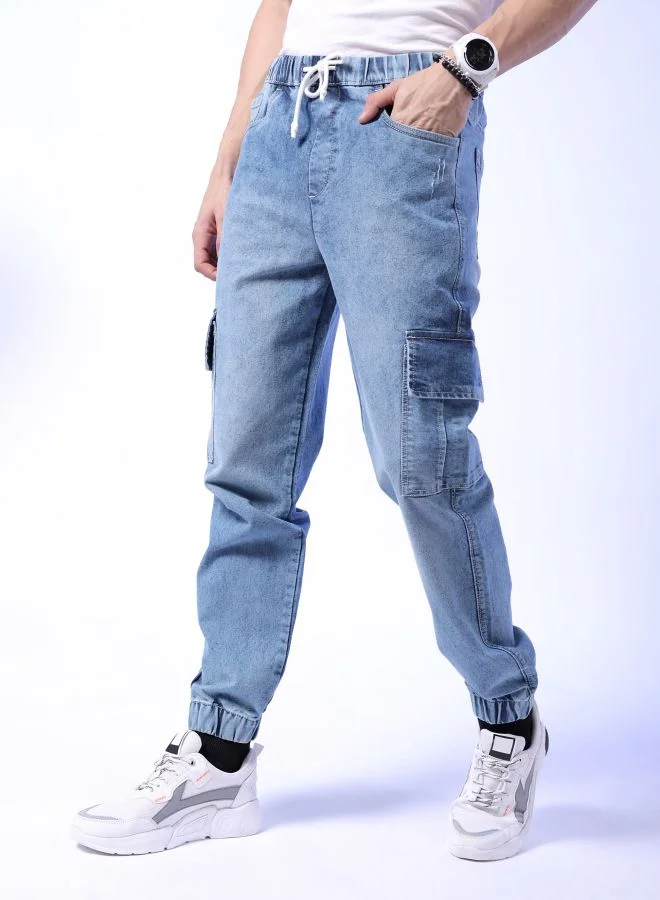 شركة المرآب الهندية Men Regular Fit Solid Mid-Rise Stretchable Denim Cargo Joggers