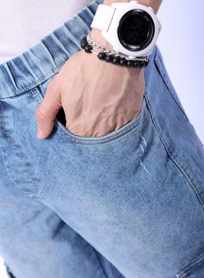 شركة المرآب الهندية Men Regular Fit Solid Mid-Rise Stretchable Denim Cargo Joggers
