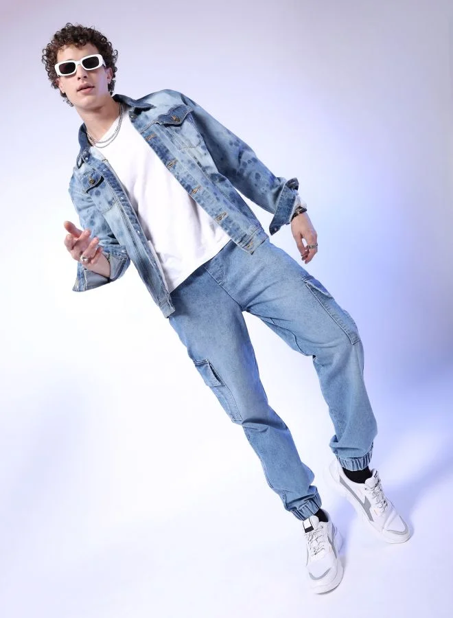 شركة المرآب الهندية Men Regular Fit Solid Mid-Rise Stretchable Denim Cargo Joggers