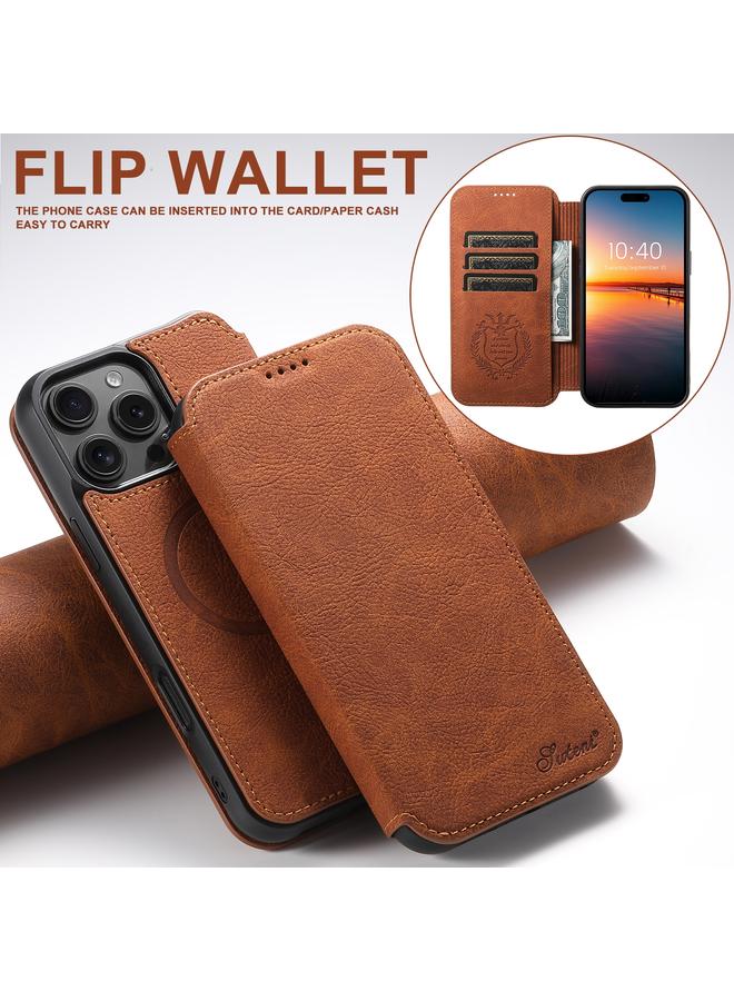 Suteni Case For iPhone 16 Pro Max J06 Retro Matte Litchi Texture Leather MagSafe Phone Case - Image 3