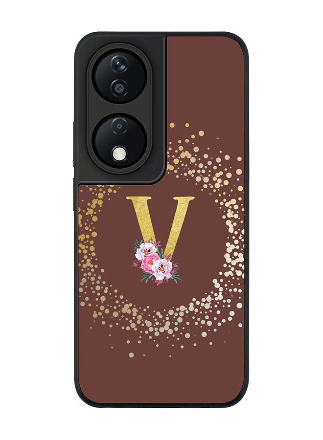 Rugged Black Edge Case for Honor X7b, Slim fit Case Thin Cover -  Custom Monogram Initial Letter Floral Pattern Alphabet - V  (Brown )