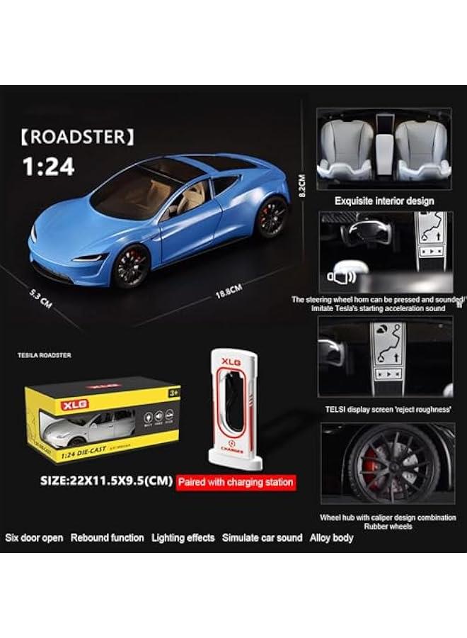 1:24 Scale Tesla Roadster Alloy Car Model Diecast Toy Vehicles for Kids, Tesla car Model,Tesla Alloy Car toy,with Lights and Music,Gifts for Boys and Girls. (Blue)  - Image 2