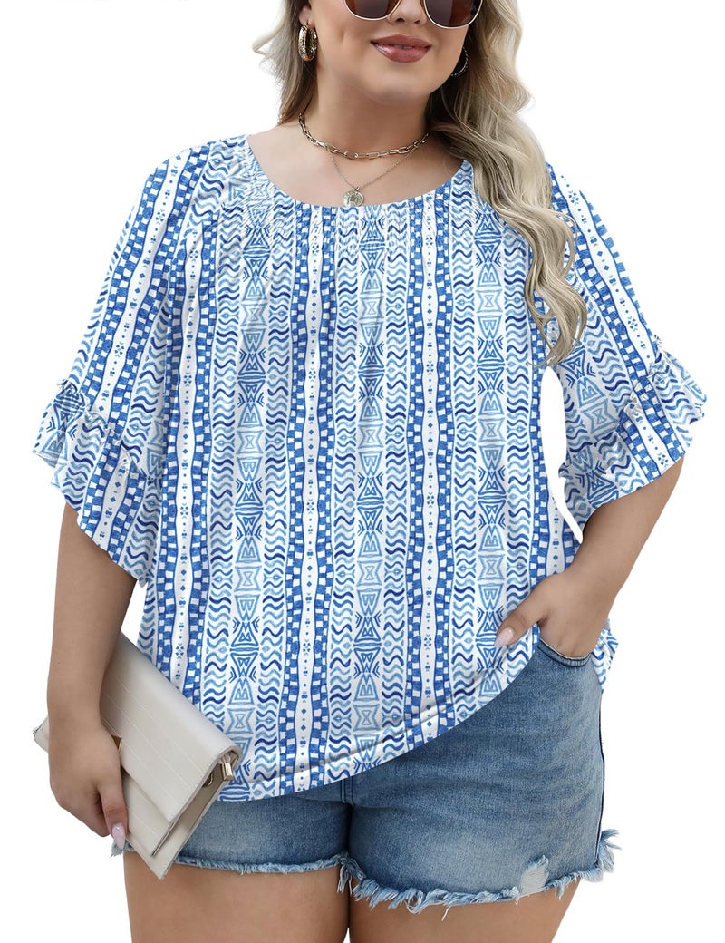 Micoson Plus Size Tops for Women Womens Dressy Ruffle Short Sleeve Crew Neck Blouses Pleated Tunics Ladies To Hide Tummy - Image 4