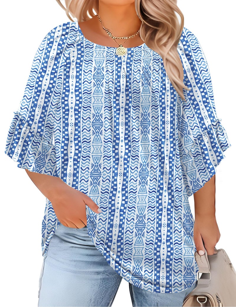 Micoson Plus Size Tops for Women Womens Dressy Ruffle Short Sleeve Crew Neck Blouses Pleated Tunics Ladies To Hide Tummy - Image 1