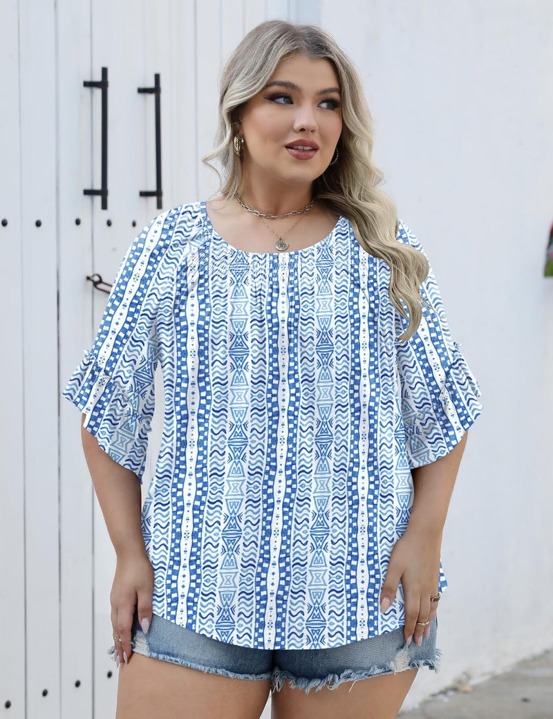 Micoson Plus Size Tops for Women Womens Dressy Ruffle Short Sleeve Crew Neck Blouses Pleated Tunics Ladies To Hide Tummy - Image 5