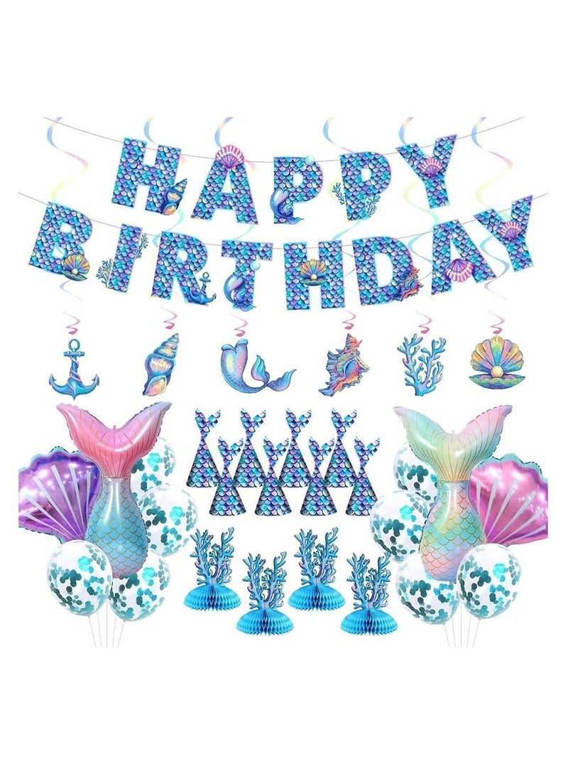 Excefore Mermaid Birthday Party Decorations Set, Supplies, Banner, Tail Hats Balloons With Hanging Swirls for Children and Adult - Image 1