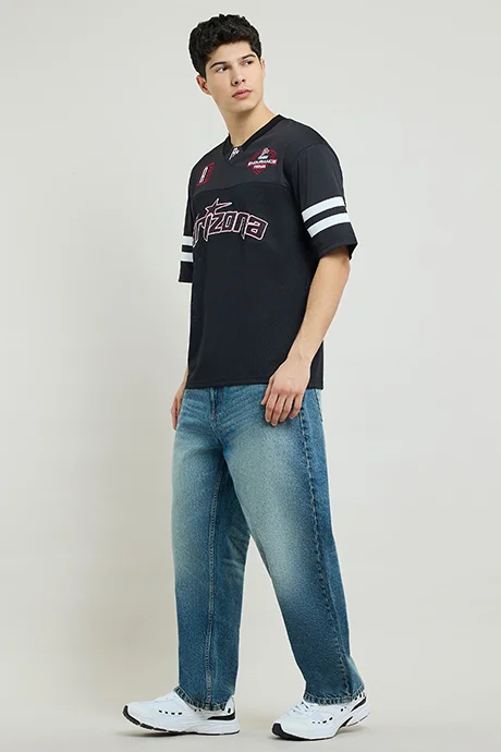 أر أند بي Printed Jersey T-Shirt with V-Neck and Short Sleeves