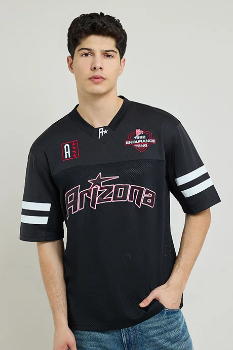 أر أند بي Printed Jersey T-Shirt with V-Neck and Short Sleeves
