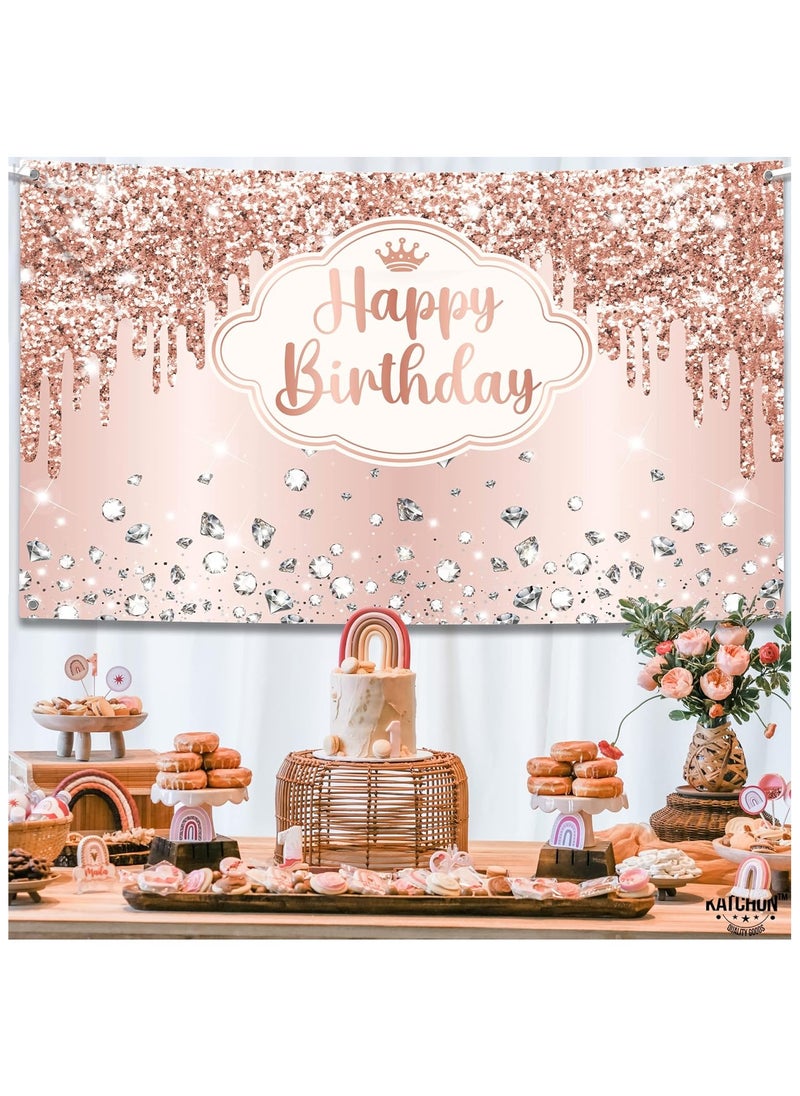 KATCHON - Rose Gold Happy Birthday Backdrop | Pink Happy Birthday Princess Banner for Girls | Rose Gold Birthday Party Decorations - Image 1