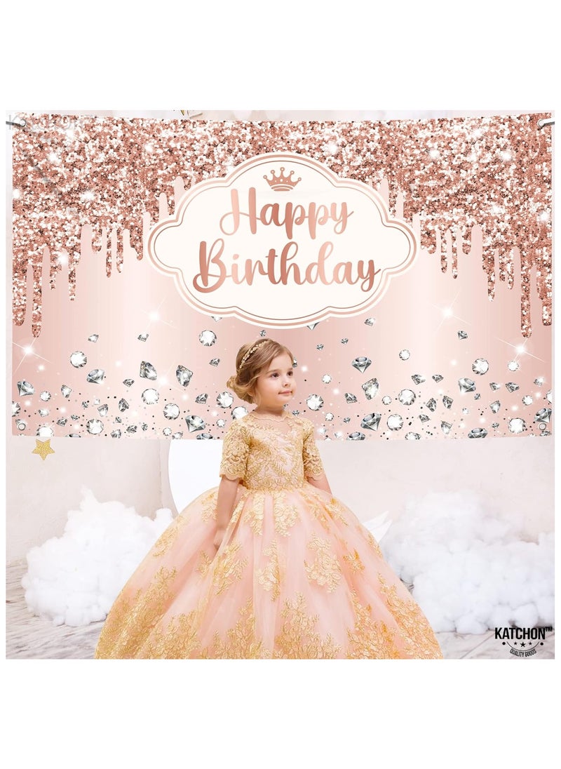 KATCHON - Rose Gold Happy Birthday Backdrop | Pink Happy Birthday Princess Banner for Girls | Rose Gold Birthday Party Decorations - Image 1