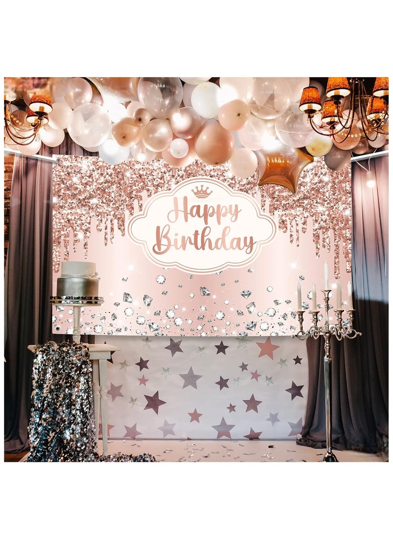KATCHON - Rose Gold Happy Birthday Backdrop | Pink Happy Birthday Princess Banner for Girls | Rose Gold Birthday Party Decorations - Image 1