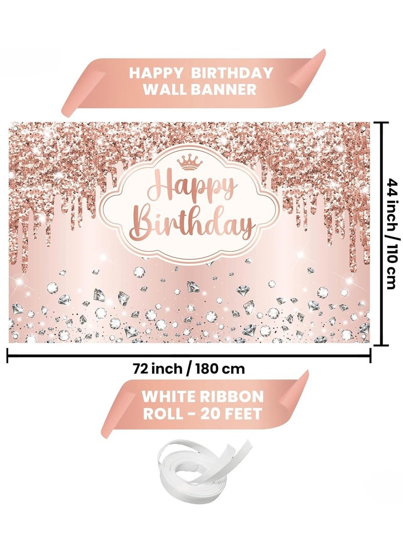 KATCHON - Rose Gold Happy Birthday Backdrop | Pink Happy Birthday Princess Banner for Girls | Rose Gold Birthday Party Decorations - Image 1