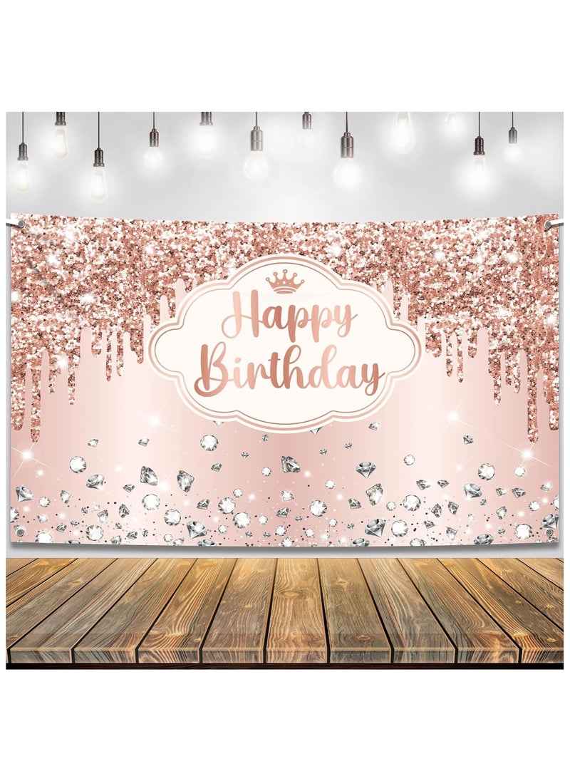 KATCHON - Rose Gold Happy Birthday Backdrop | Pink Happy Birthday Princess Banner for Girls | Rose Gold Birthday Party Decorations - Image 1