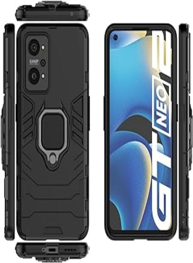 Dl3 Mobilak Case For Realme GT Neo 2 / Realme GT2 / Realme GT Neo 3T, Dual Layer Protective Shockproof Hard Armor Cover with 360° Rotating Finger Ring Kickstand and Car Magnetic Mount (Black)