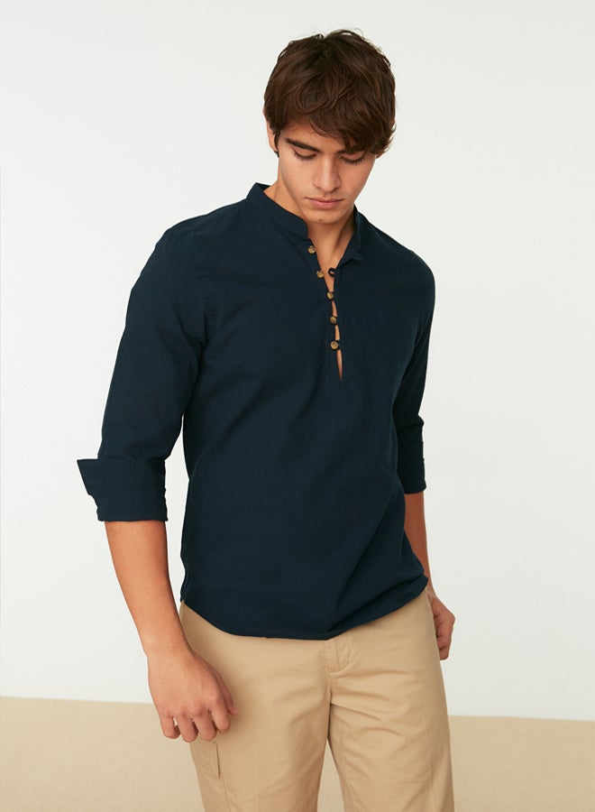 trendyol Navy Blue Slim Fit Half Placket Button-Down Collar New 100% Cotton Shirt TMNSS20GO0097 - Image 2