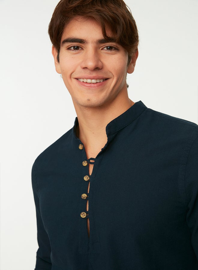 trendyol Navy Blue Slim Fit Half Placket Button-Down Collar New 100% Cotton Shirt TMNSS20GO0097 - Image 4