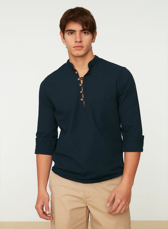 trendyol Navy Blue Slim Fit Half Placket Button-Down Collar New 100% Cotton Shirt TMNSS20GO0097 - Image 1