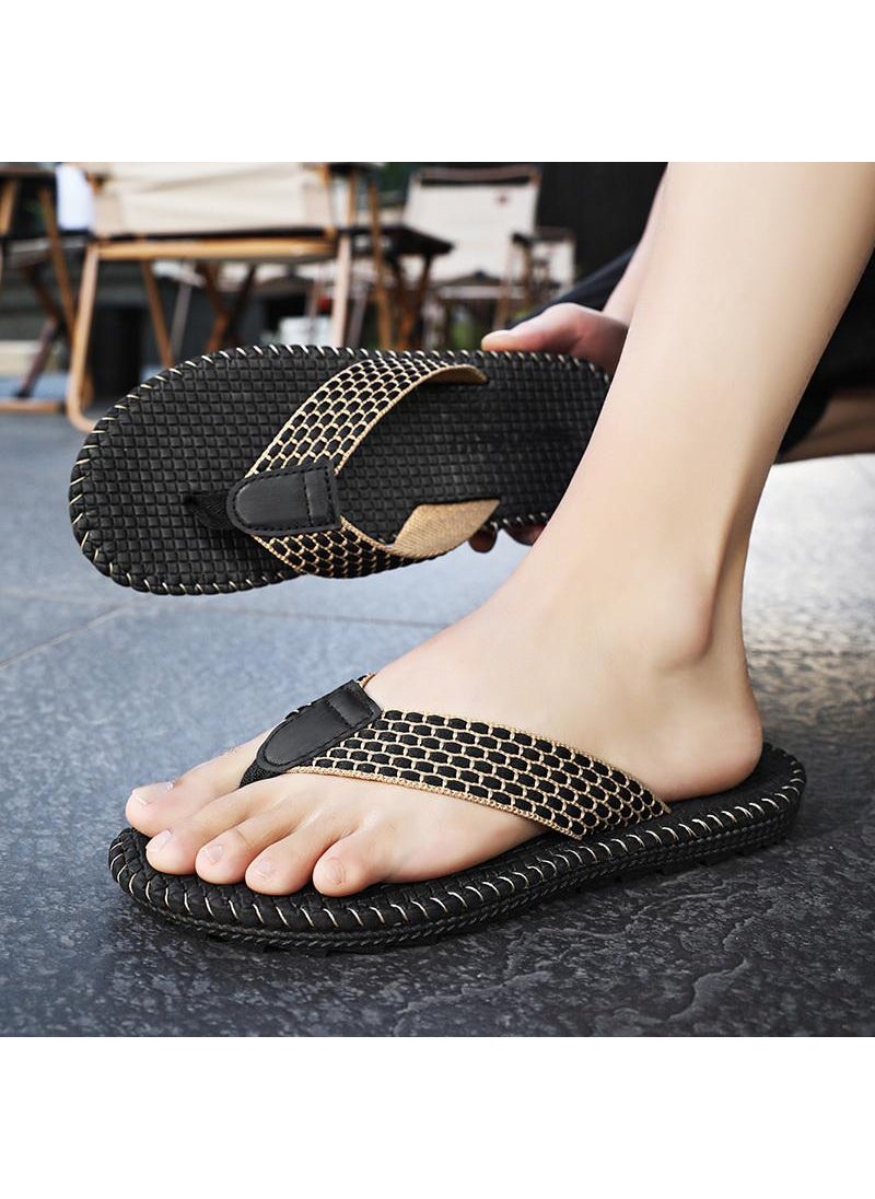 Generic 2024 Special Offer Mens Slippers Summer Outer Wear Beach Casual Classic Woven Flip Flops Non-Leather Leather Splice Casual Shoe Black 
