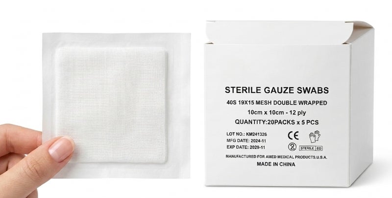 Sterile Gauze Swabs 10x10cm 12-Ply Double Wrapped Medical Grade Compress Pads (20 Packs x 5 Pcs - 100 Count) White