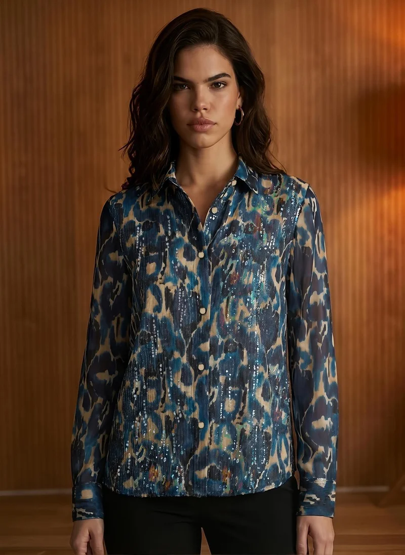 globus Globus Women's Blue Abstract Print Party Shirt with Spread Collar and Sequinned Detail