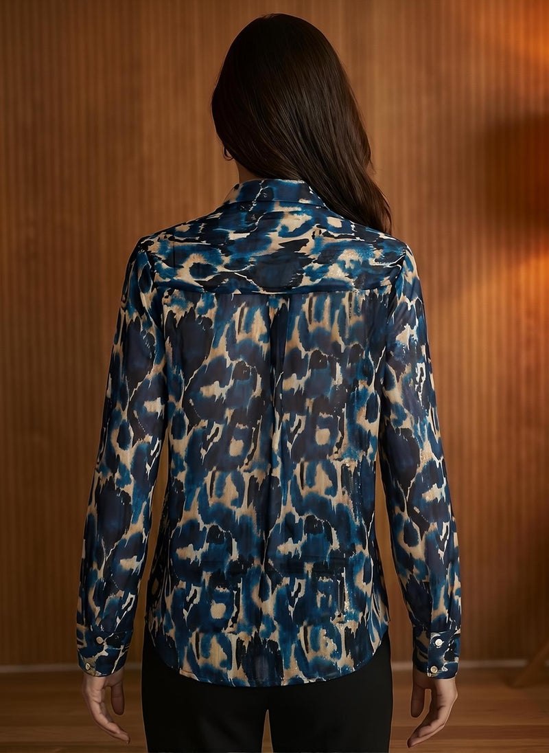 Globus Women's Blue Abstract Print Party Shirt with Spread Collar and Sequinned Detail - Image 4