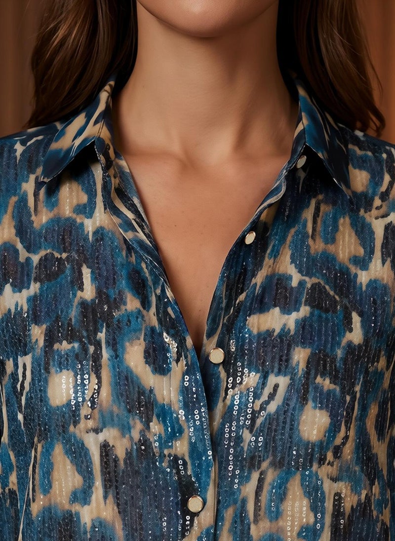 Globus Women's Blue Abstract Print Party Shirt with Spread Collar and Sequinned Detail - Image 5