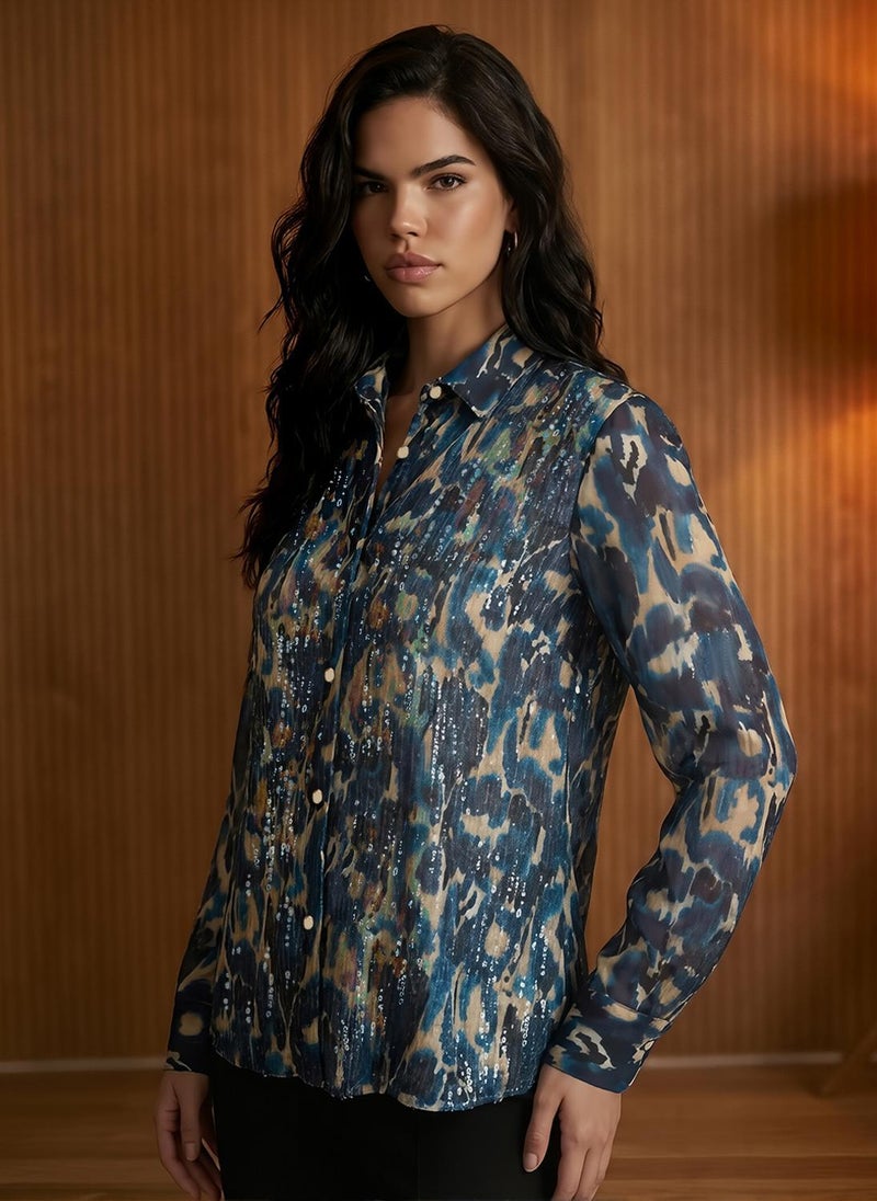 Globus Women's Blue Abstract Print Party Shirt with Spread Collar and Sequinned Detail - Image 3