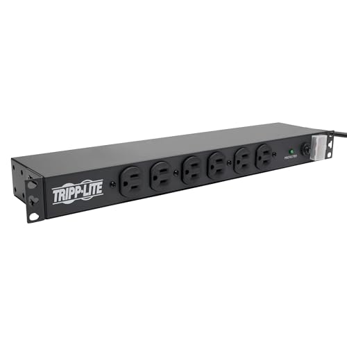 Tripp Lite تركيب PDU واقي من زيادة التيار من تريپ لايت بـ 14 مخرج، 15A، 120V، حماية 3000 جول، سلك بطول 15 قدم مع قابس 5-15P، تركيب أفقي 1U، ضمان مدى الحياة من الشركة المصنعة (DRS-1215) - Image 1