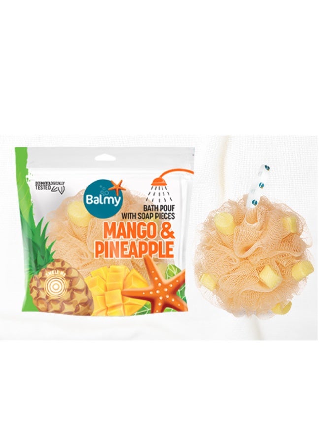 Balmy Mango & Pineapple Bath Sponge with soap pebbles 67gm  | Tropical Cleansing Sponge for a Refreshing Bath Experience - Image 1