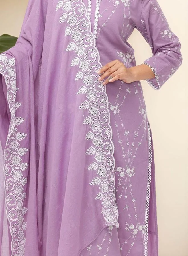ISHIN Women's Lilac 100% Cotton Embroidered Tunic Full Length Palazzo Straight Fit Kurta Set