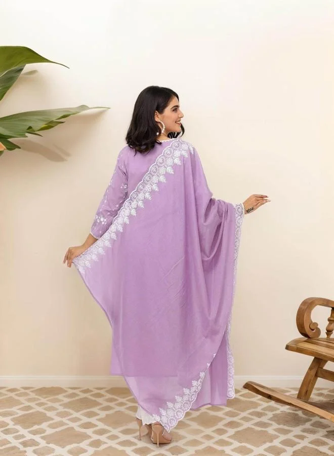 ISHIN Women's Lilac 100% Cotton Embroidered Tunic Full Length Palazzo Straight Fit Kurta Set